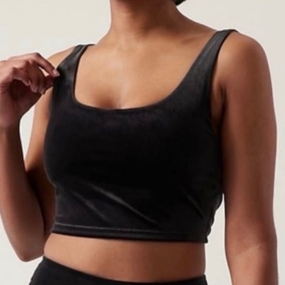 Athleta Crop Top Size Small Black Velvet Cut Out Back Sleeveless‎ Stretch